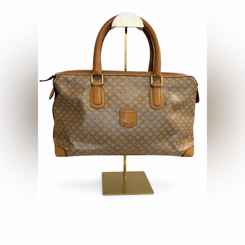 Celine Brown Monogram Coated Canvas Satchel with Tan Leather Trim